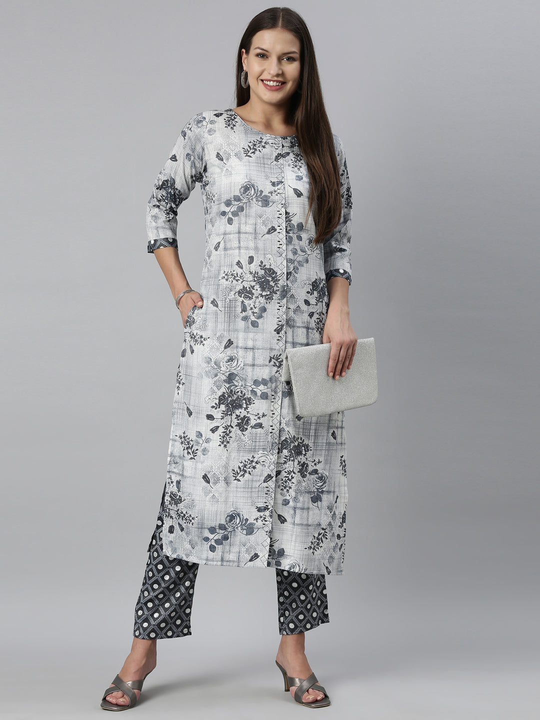 Neerus Blue rayon straight kurta set - detail view 3