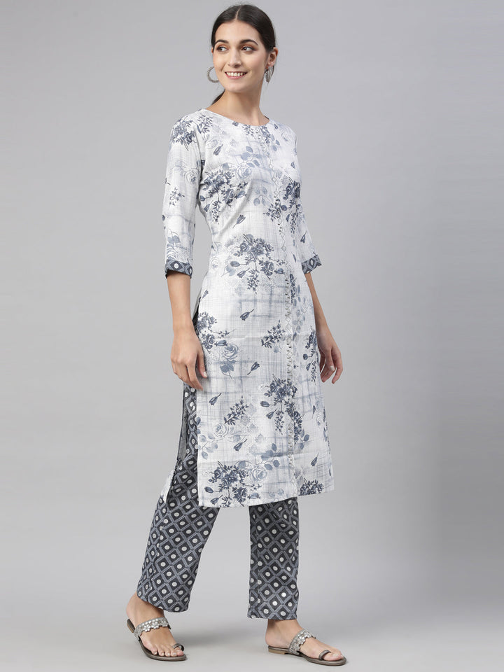Neerus Blue rayon straight kurta set with trouser and dupatta - detail view 5