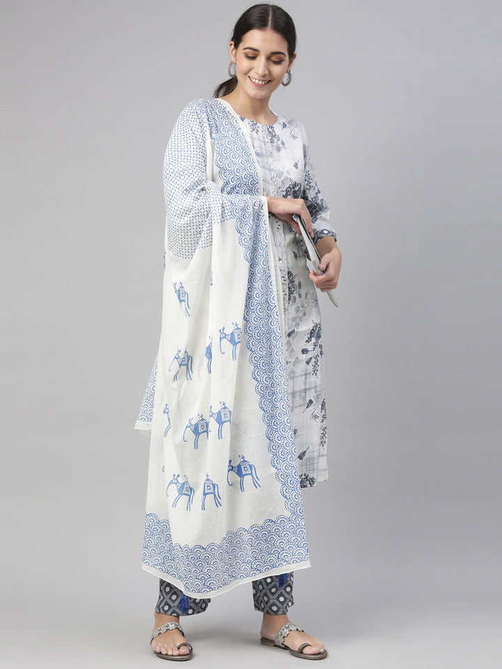 Neerus Blue rayon straight kurta set with trouser and dupatta - detail view 7