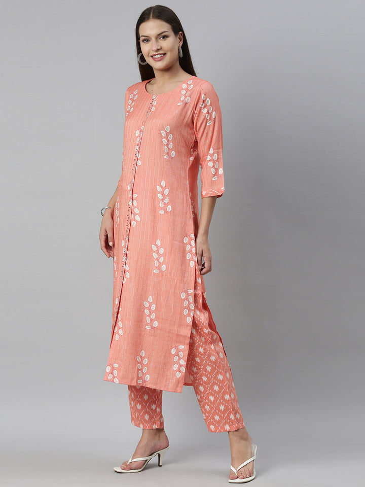 Neerus Orange slub cotton printed kurta set - side view