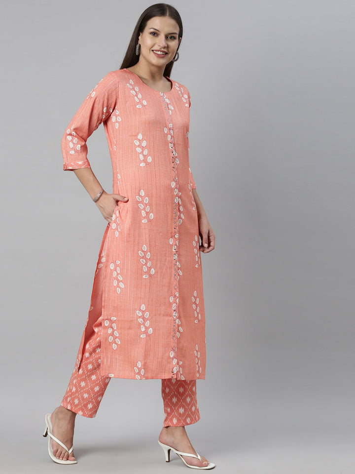 Neerus Orange slub cotton printed kurta set - detail view 1
