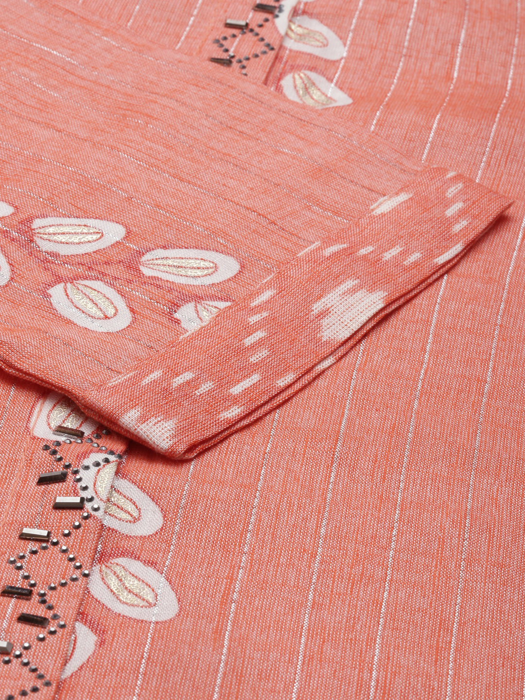 Neerus Orange slub cotton printed kurta set - detail view 4