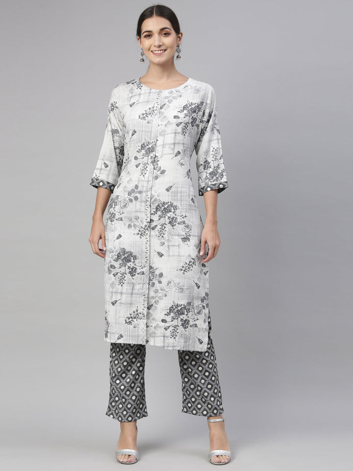 Neerus Grey rayon straight kurta set - front view