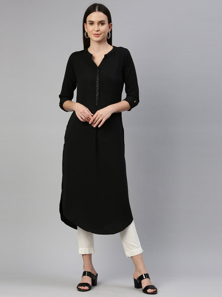 Neerus Black rayon straight kurti - front view