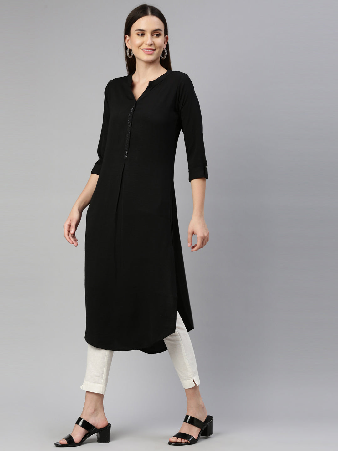 Neerus Black rayon straight kurti - side view