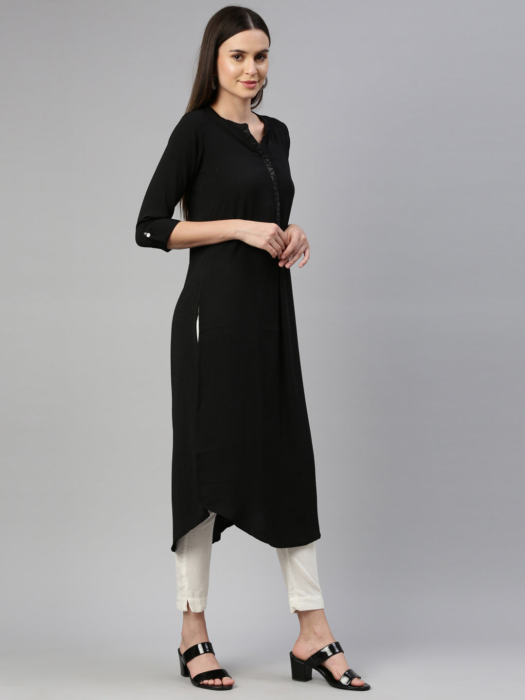 Neerus Black rayon straight kurti - detail view 1