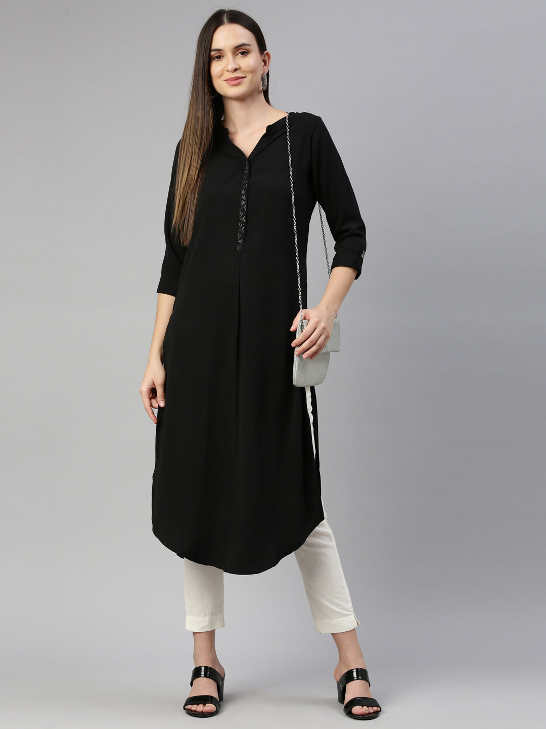 Neerus Black rayon straight kurti - detail view 3
