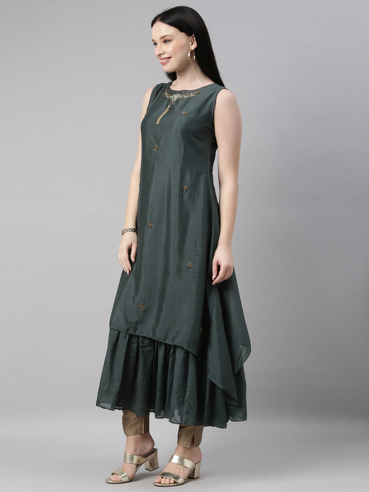 Neerus Green silk solid kurti - side view
