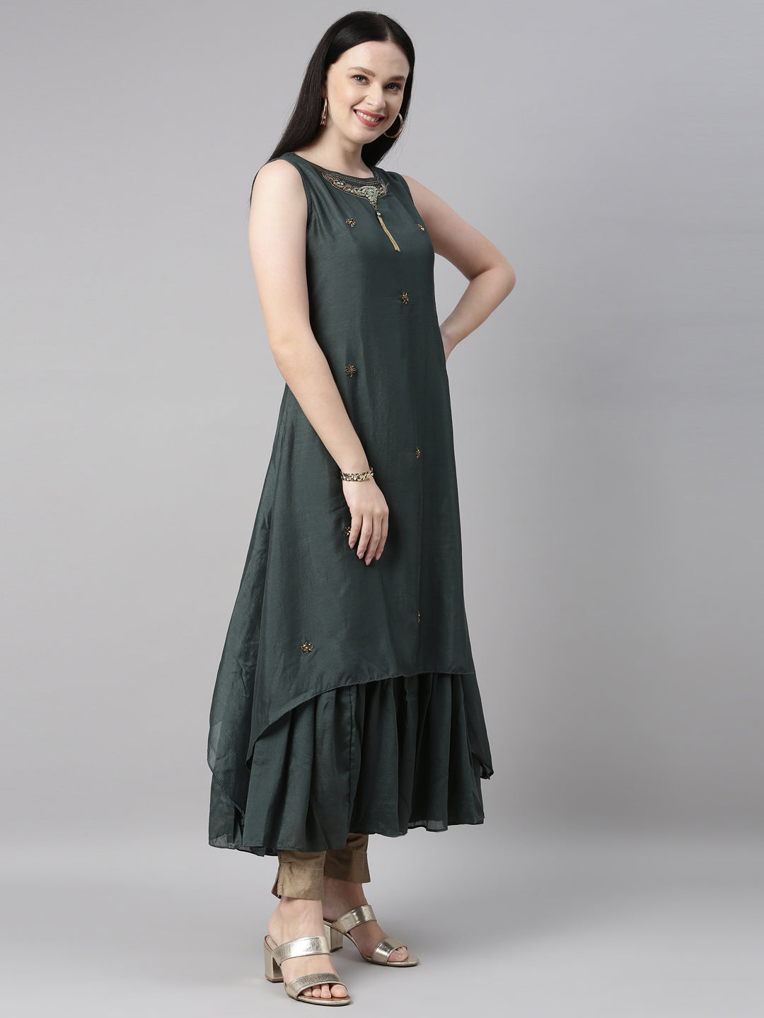 Neerus Green silk solid kurti - detail view 1