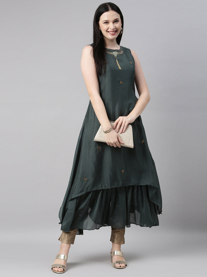 Neerus Green silk solid kurti - detail view 3