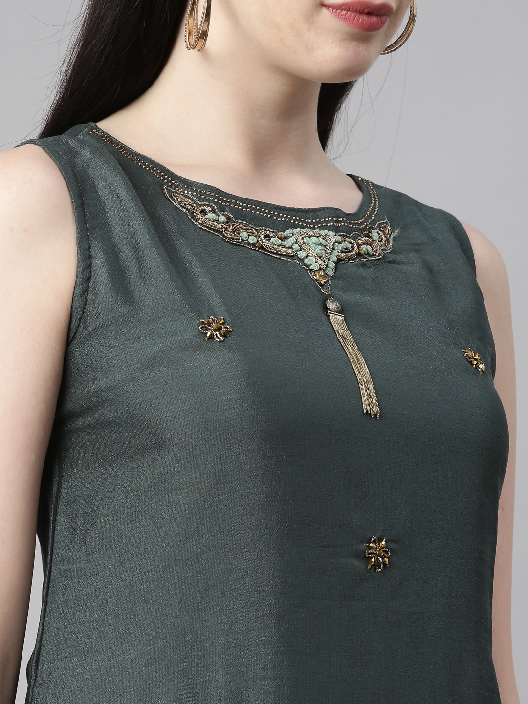 Neerus Green silk solid kurti - detail view 4