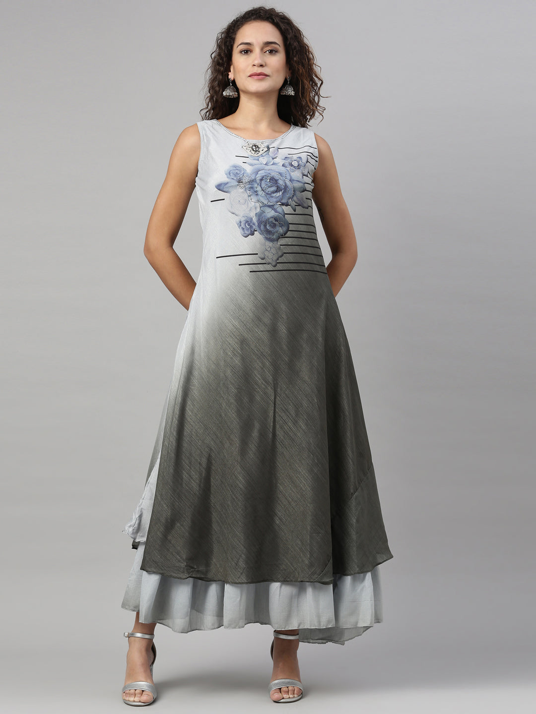 Neerus Grey silk thread embroidered anarkali kurta - detail view 3