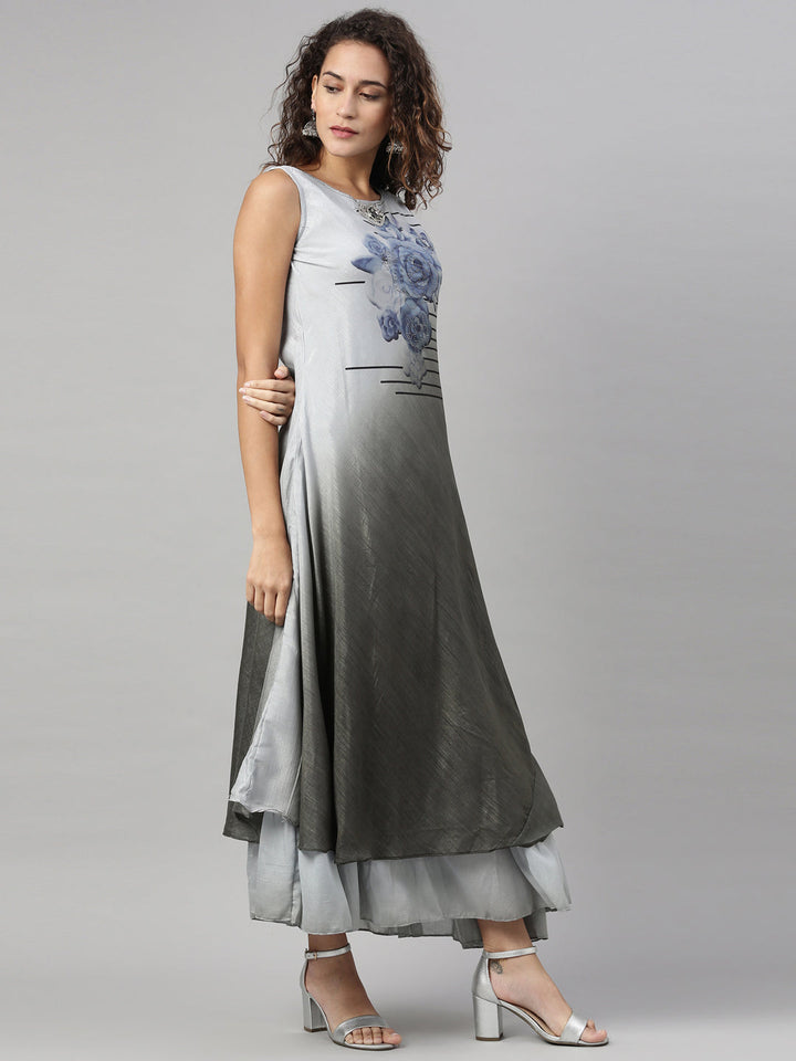 Neerus Grey silk thread embroidered anarkali kurta - front view