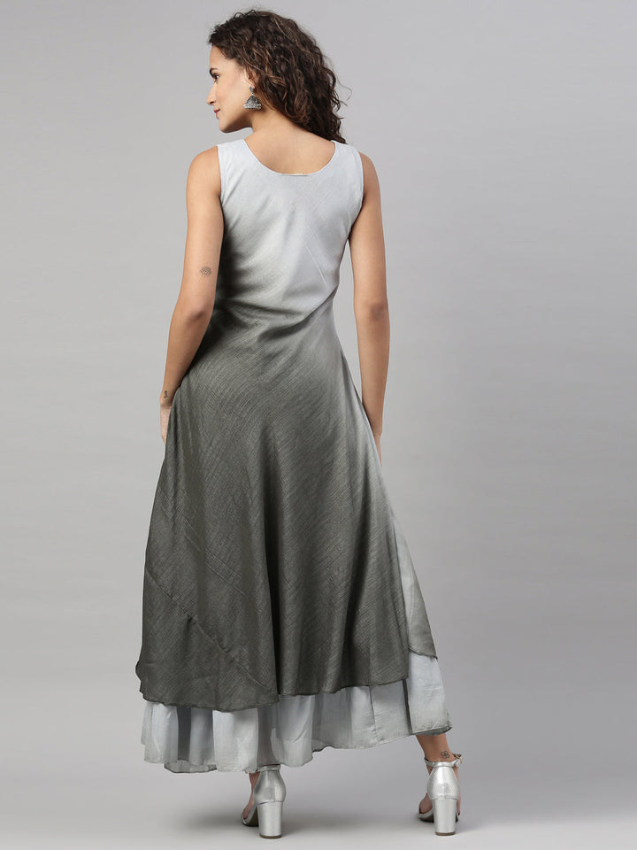 Neerus Grey silk thread embroidered anarkali kurta - back view