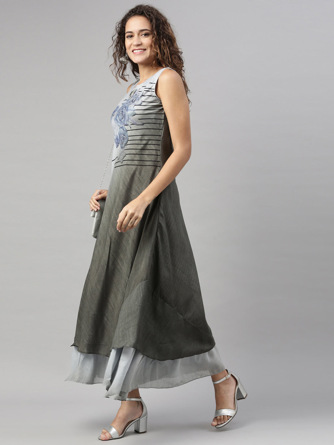 Neerus Grey silk thread embroidered anarkali kurta - detail view 1
