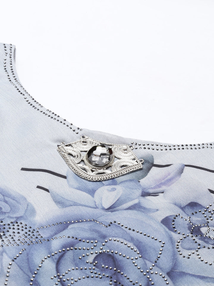 Neerus Grey silk thread embroidered anarkali kurta - detail view 2