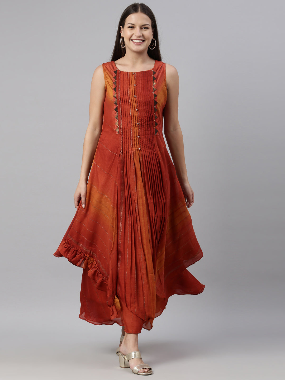 Neerus Orange silk straight kurta - front view
