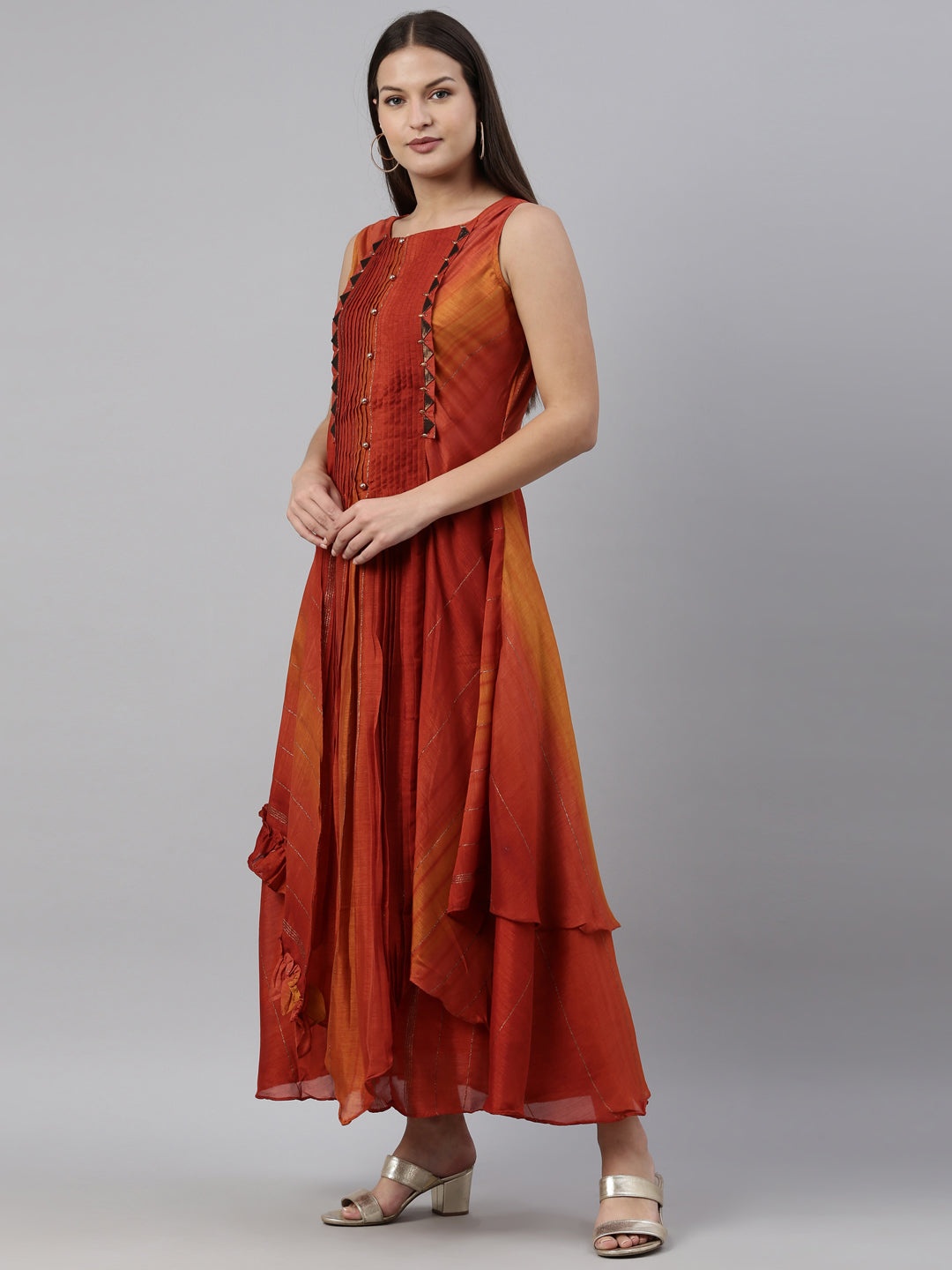 Neerus Orange silk straight kurta - side view
