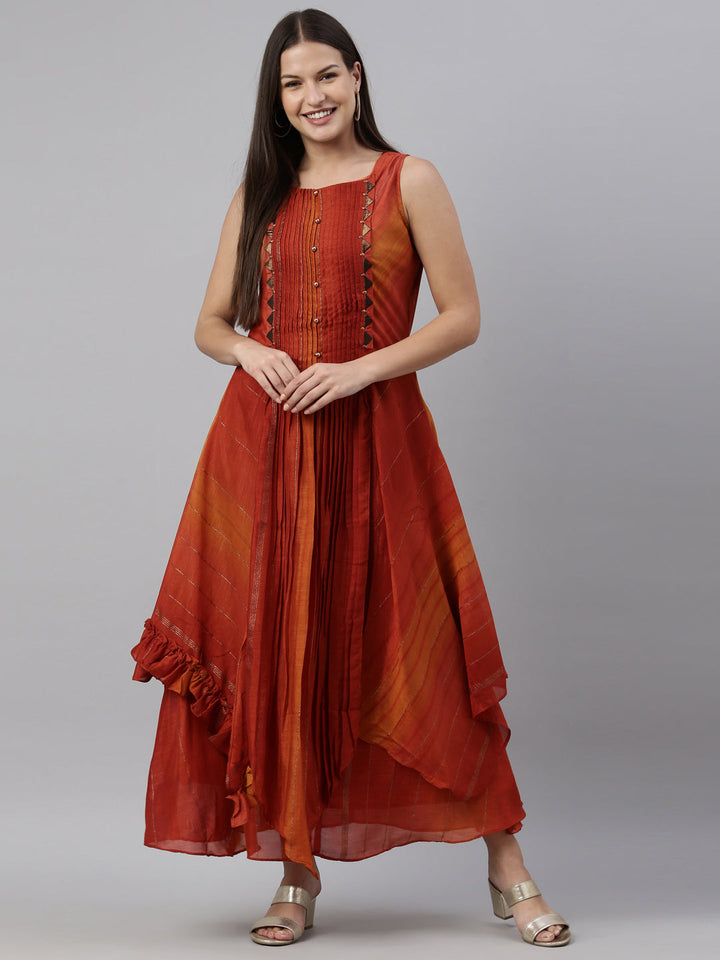 Neerus Orange silk straight kurta - detail view 3