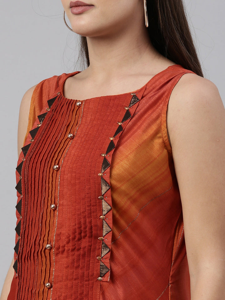 Neerus Orange silk straight kurta - detail view 5