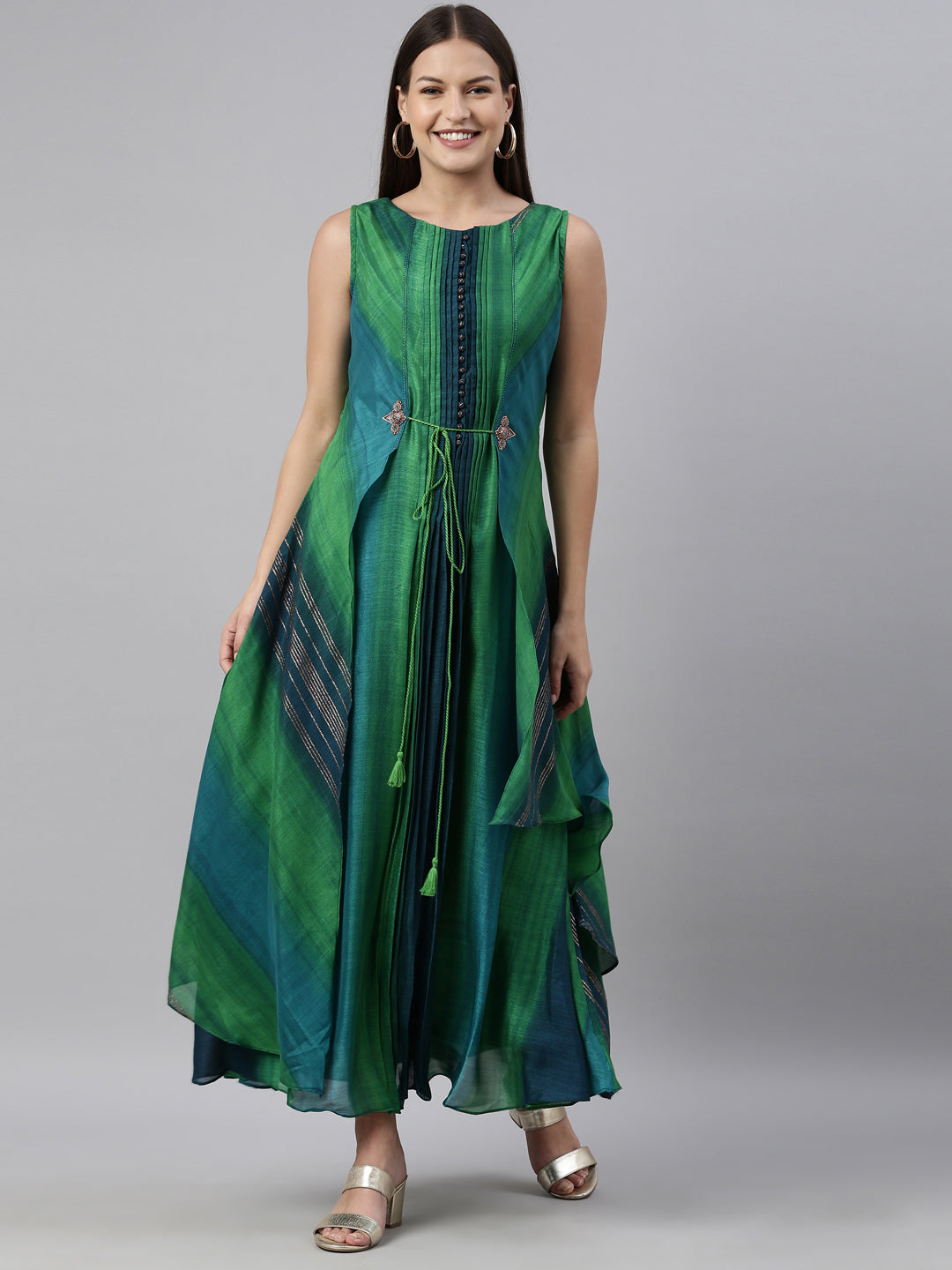 Neerus Green silk straight kurta - detail view 6