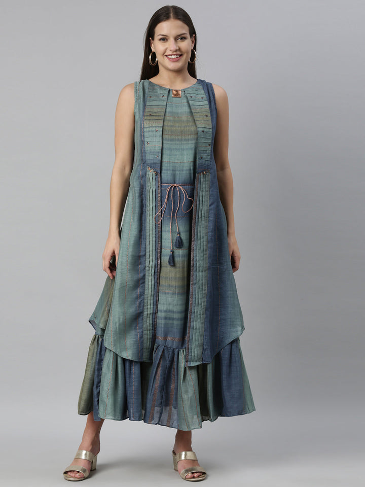 Neerus Blue silk straight kurta - front view