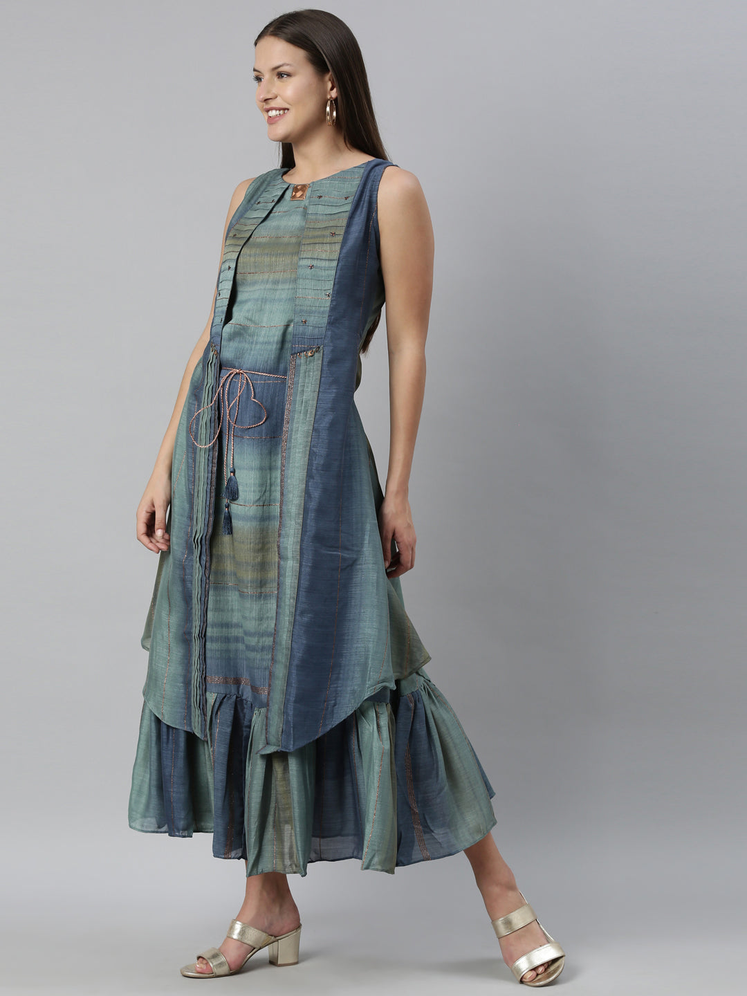 Neerus Blue silk straight kurta - side view