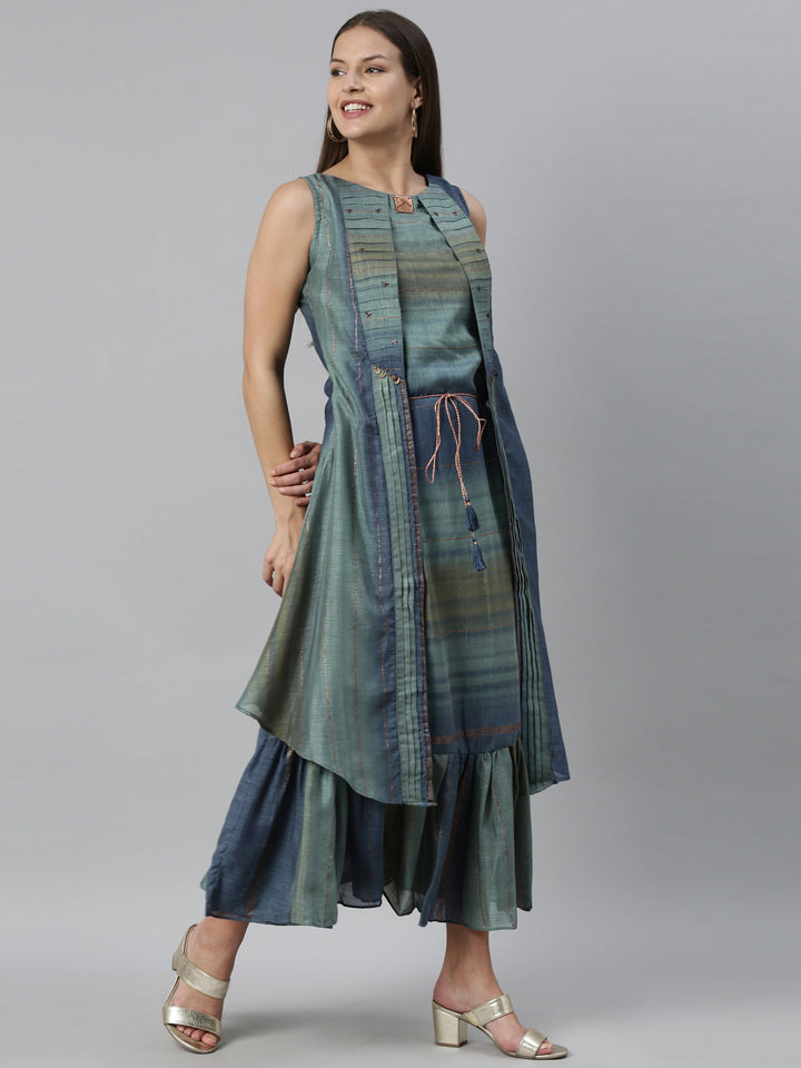 Neerus Blue silk straight kurta - detail view 1
