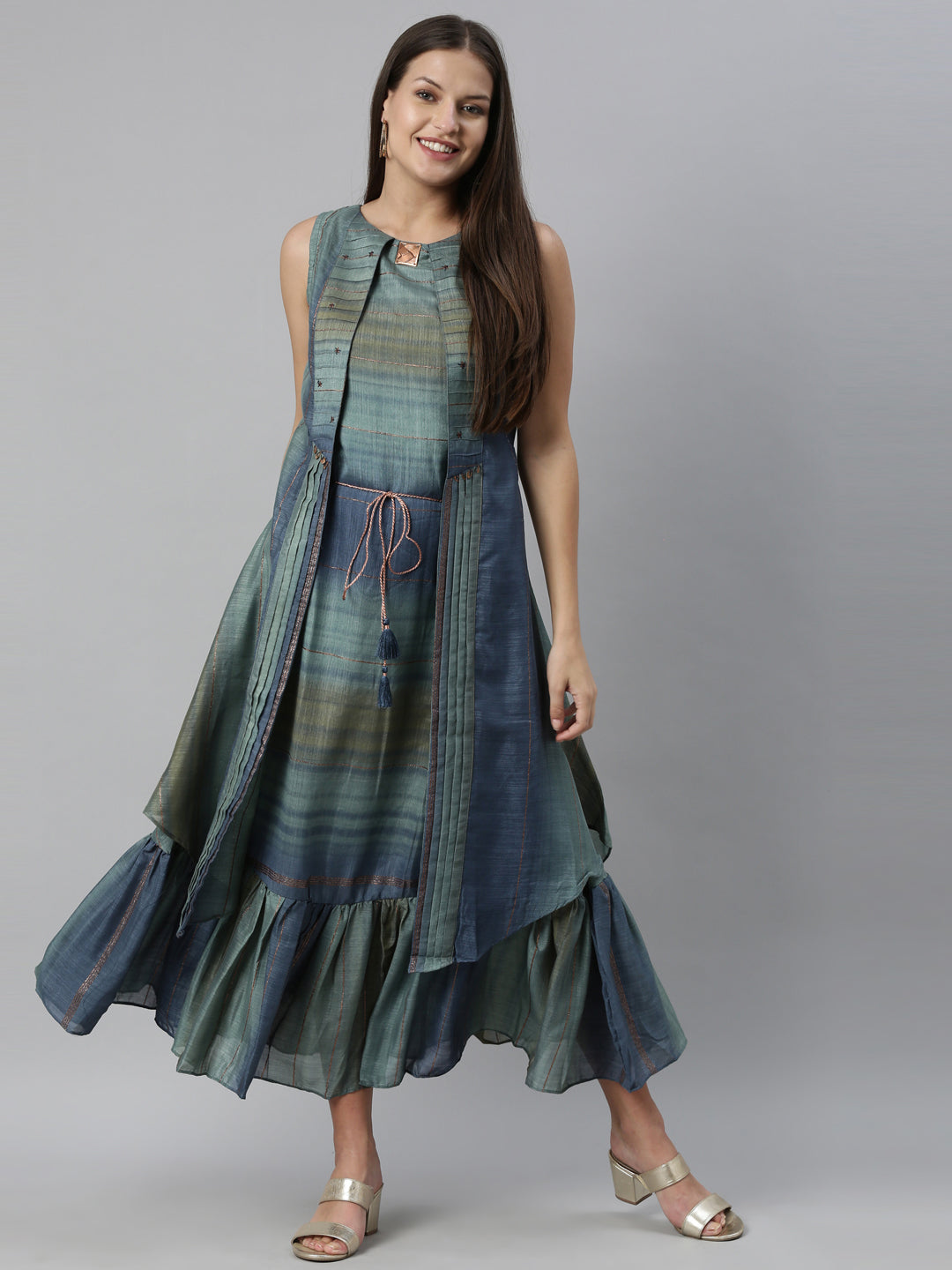 Neerus Blue silk straight kurta - detail view 3
