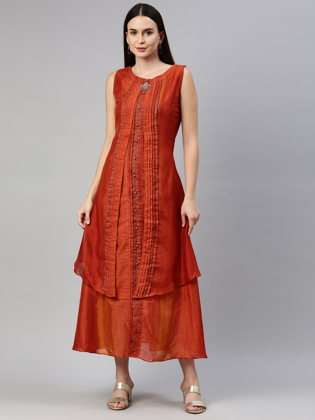 Neerus Orange silk straight kurta - front view