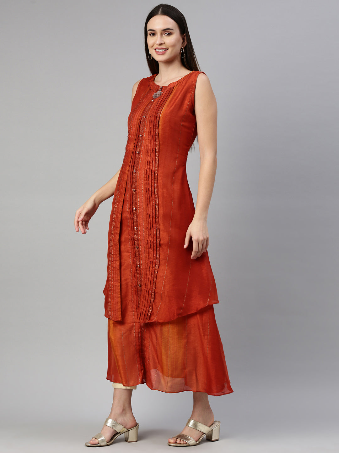 Neerus Orange silk straight kurta - side view