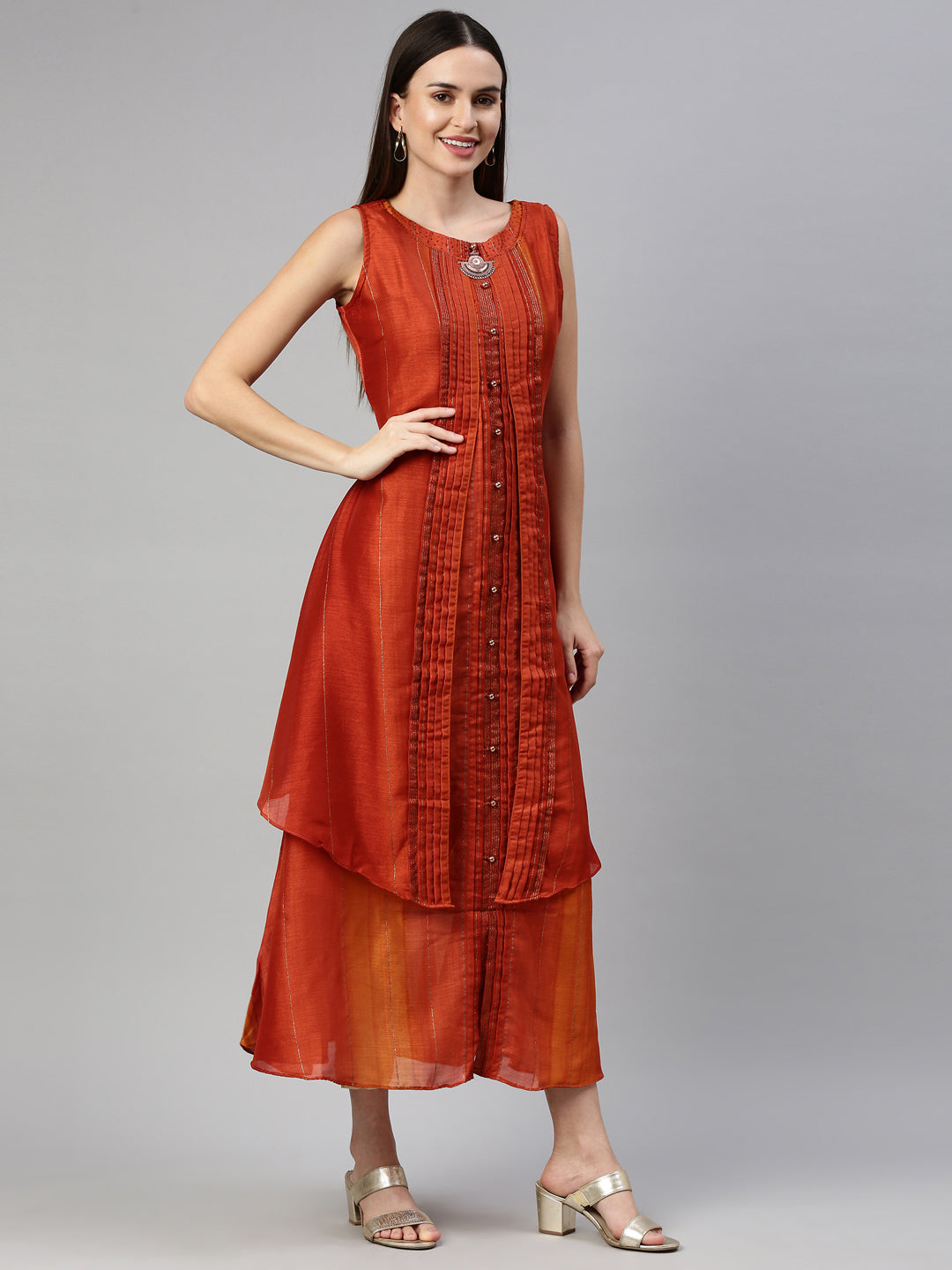Neerus Orange silk straight kurta - detail view 1