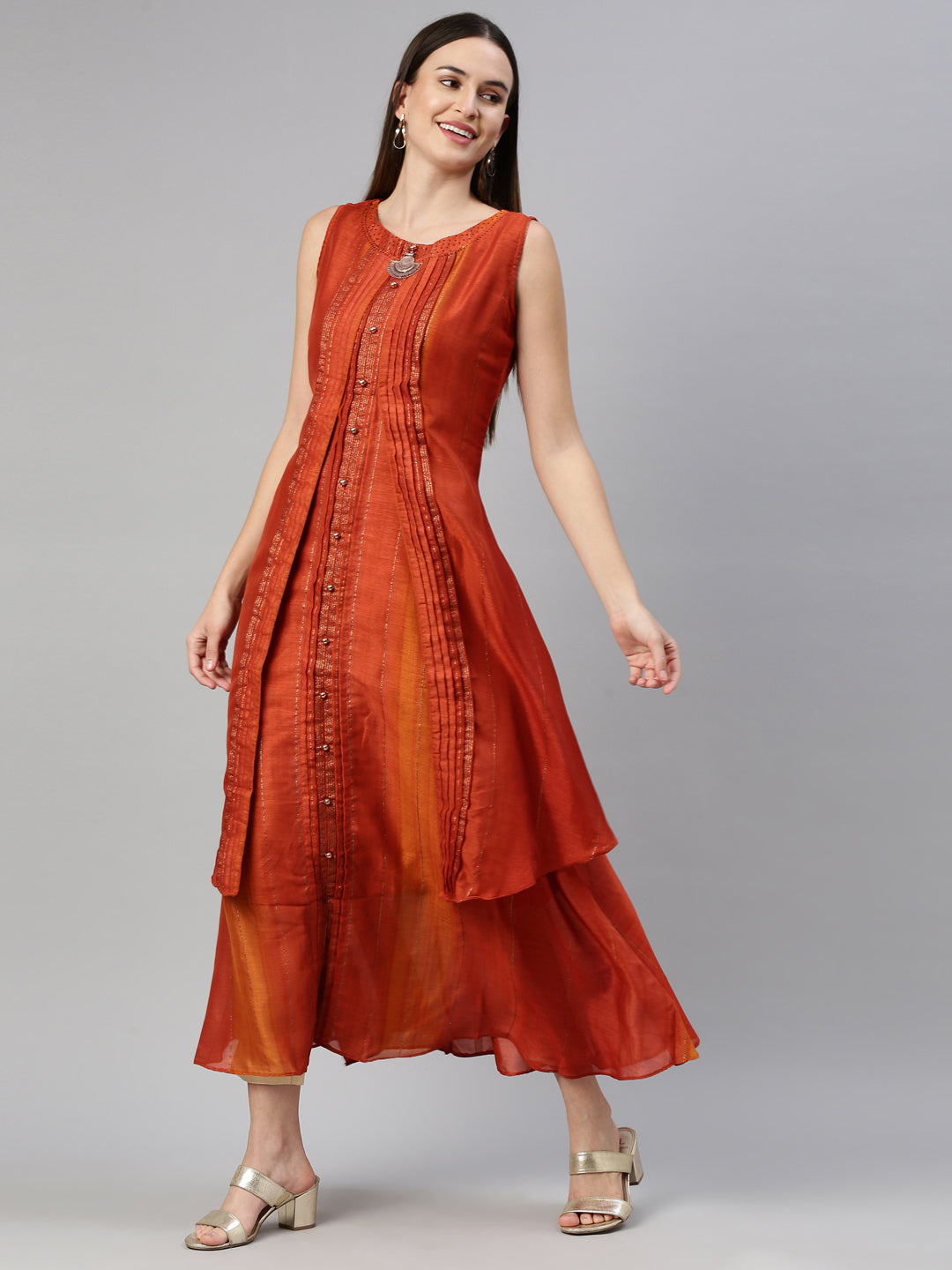 Neerus Orange silk straight kurta - detail view 3
