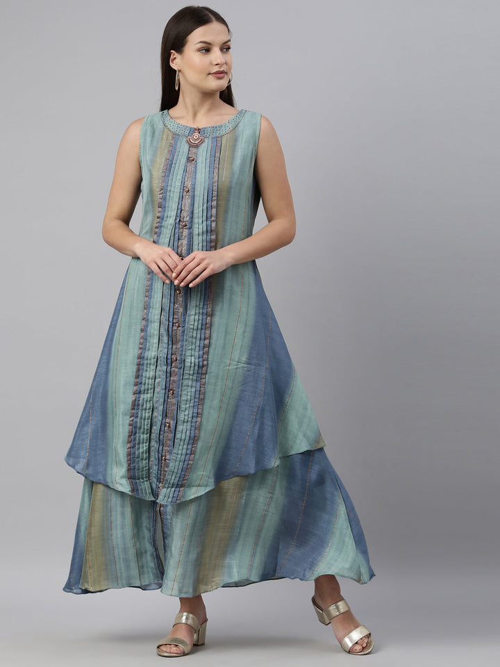 Neerus Green silk printed A-line kurti - front view