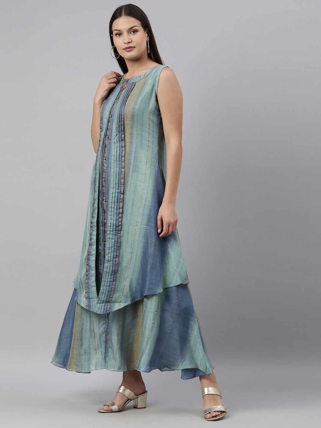 Neerus Green silk printed A-line kurti - side view