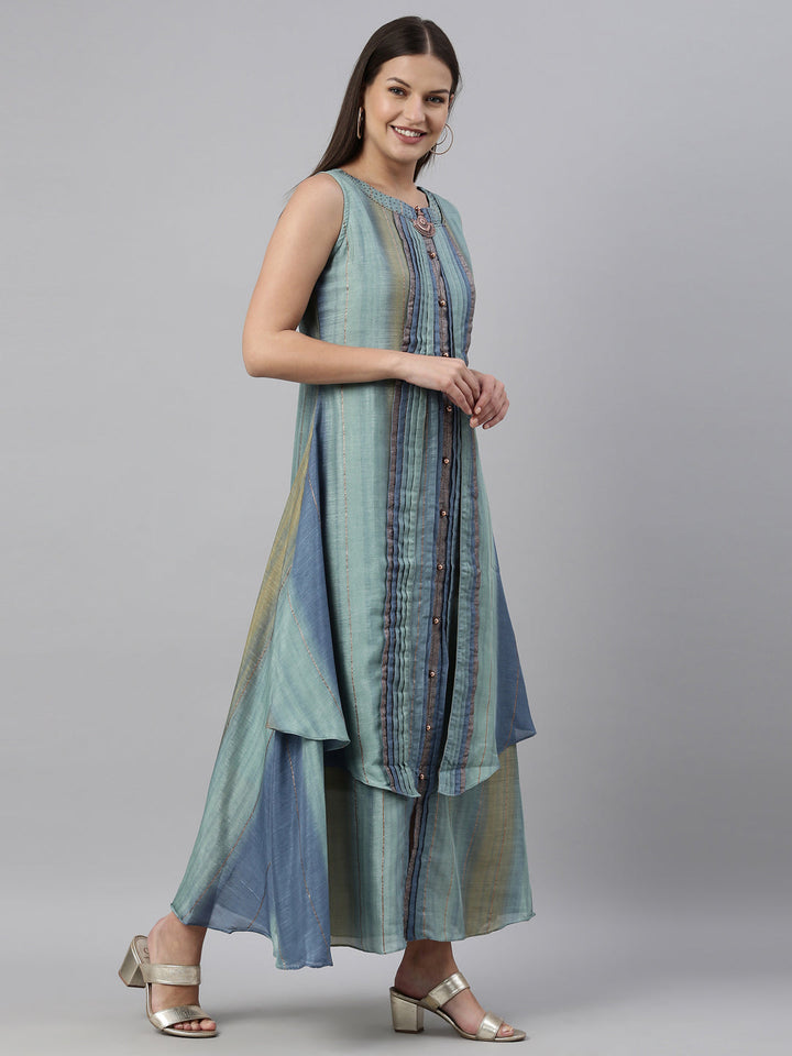 Neerus Green silk printed A-line kurti - detail view 1