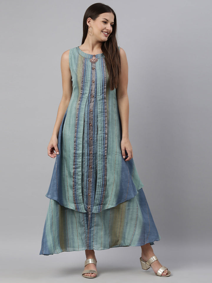 Neerus Green silk printed A-line kurti - detail view 3