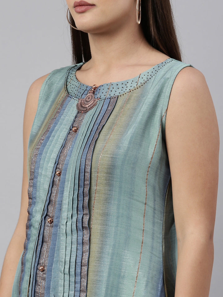 Neerus Green silk printed A-line kurti - detail view 5