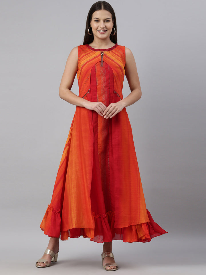 Neerus Orange silk kurta for women - front view
