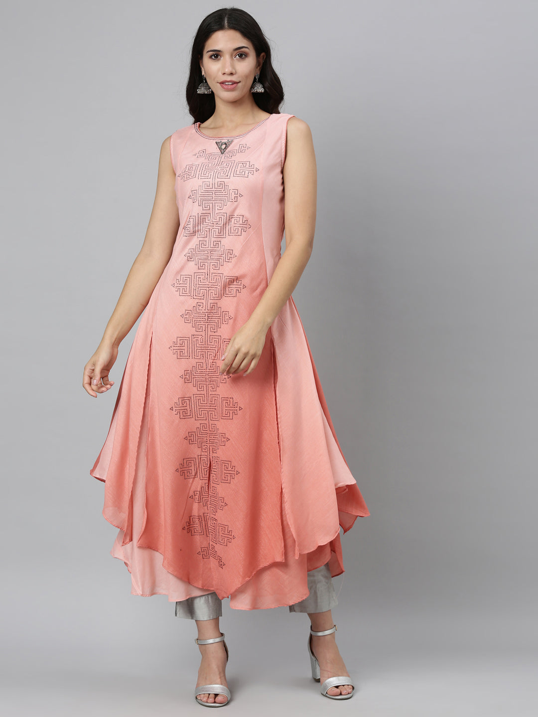 Neerus Orange silk embellished anarkali kurti - front view