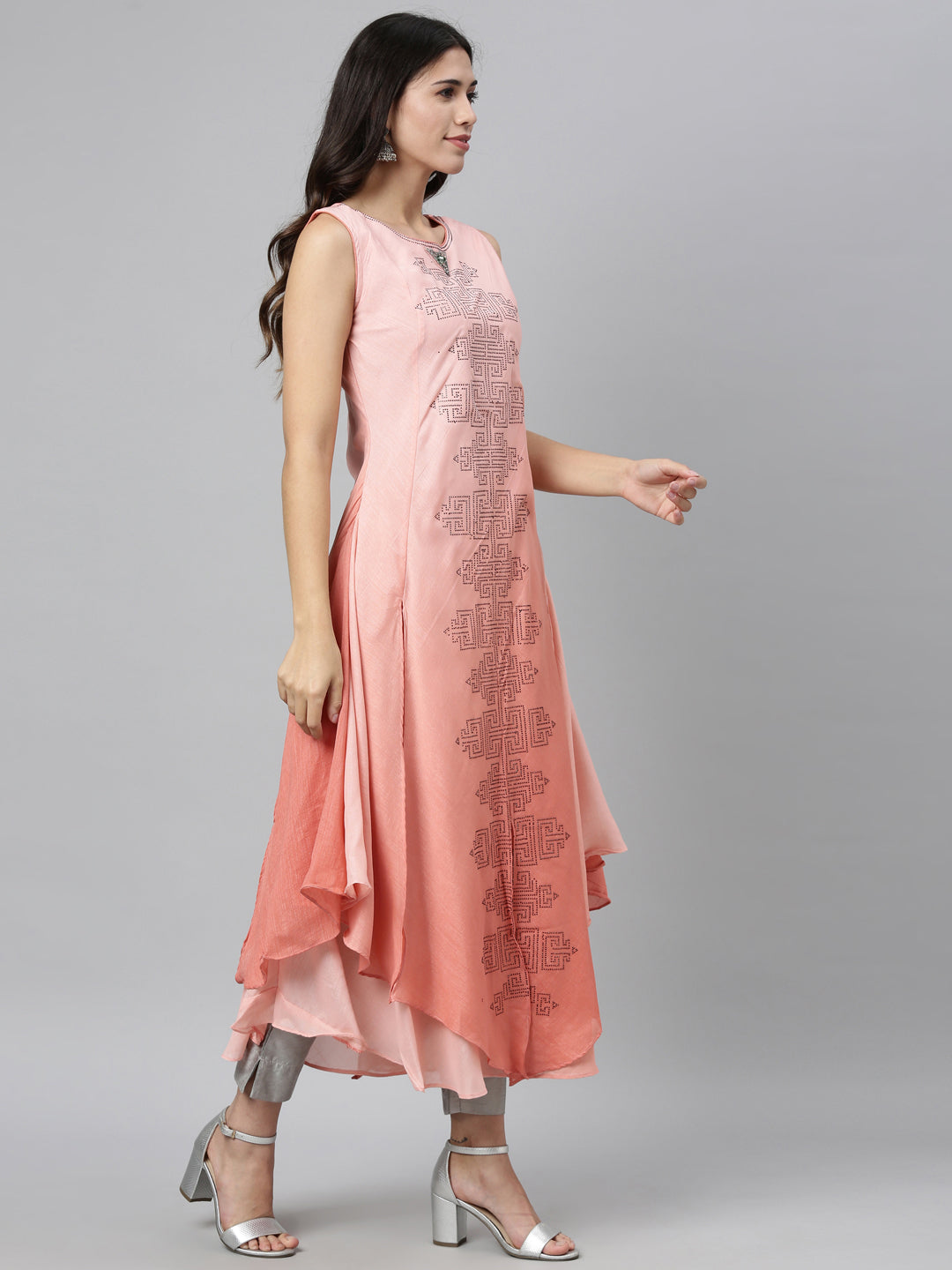 Neerus Orange silk embellished anarkali kurti - back view