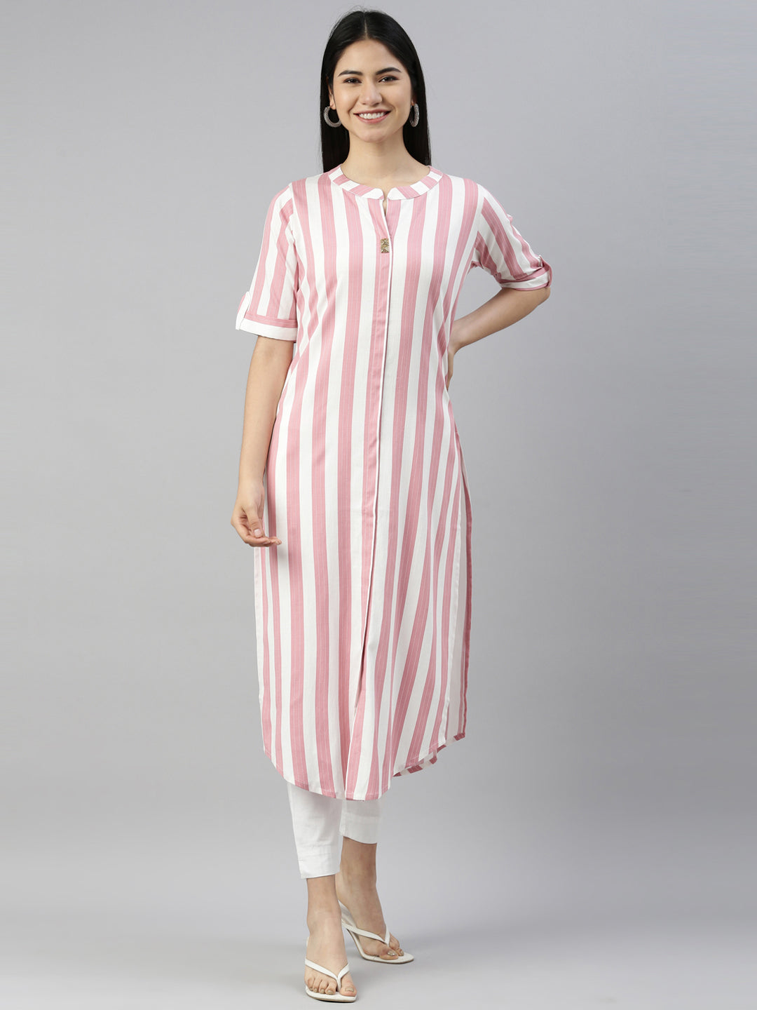 Neerus Pink rayon straight kurta - front view