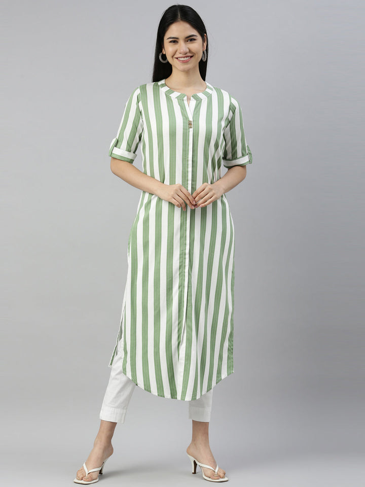 Neerus Green viscose rayon solid kurti - front view