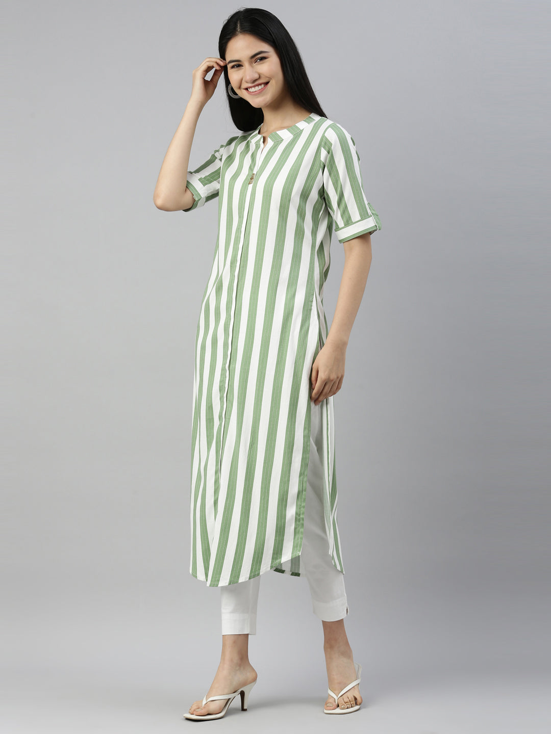 Neerus Green viscose rayon solid kurti - back view