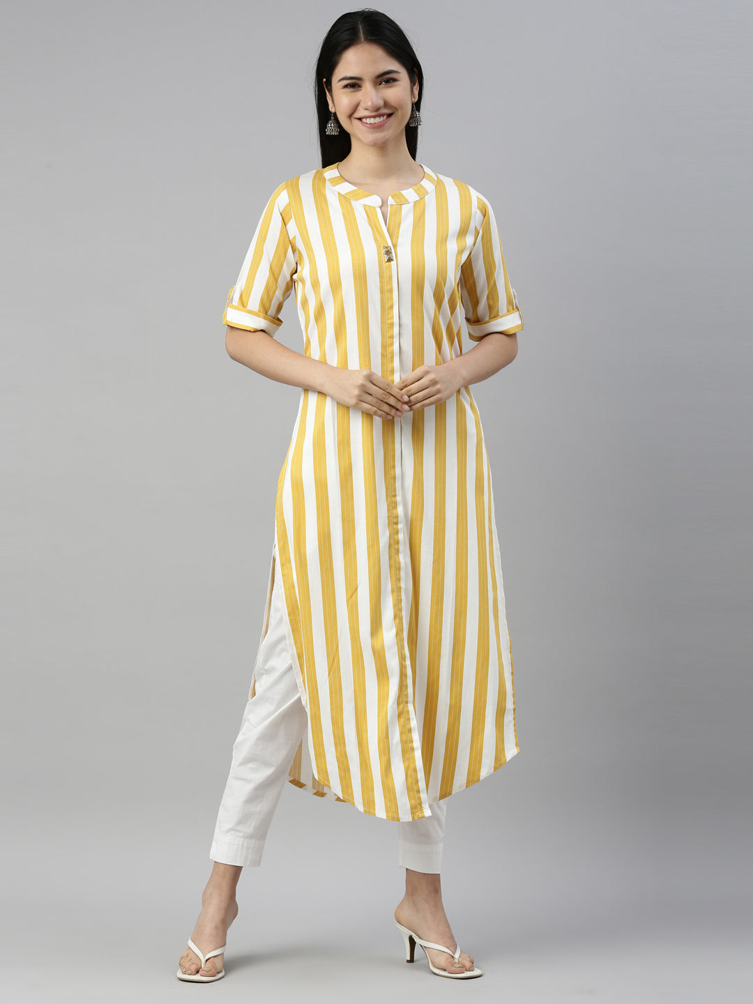Neerus Yellow rayon straight kurti - front view