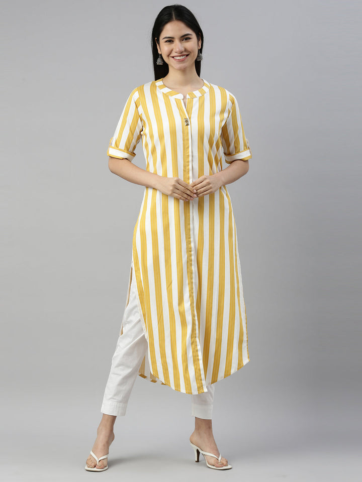 Neerus Yellow rayon straight kurti - front view