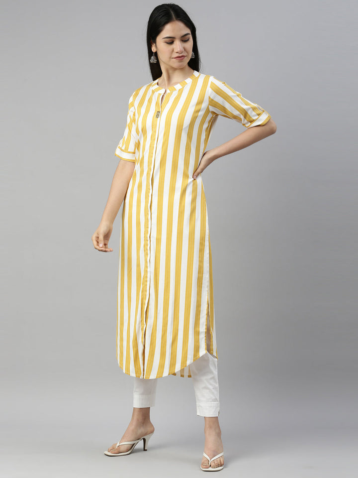 Neerus Yellow rayon straight kurti - back view