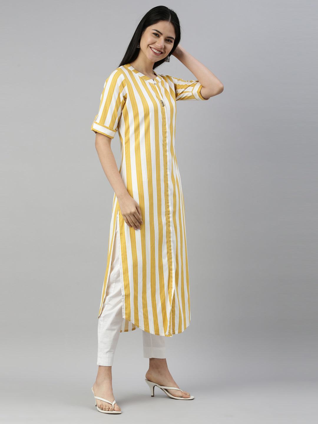Neerus Yellow rayon straight kurti - side view