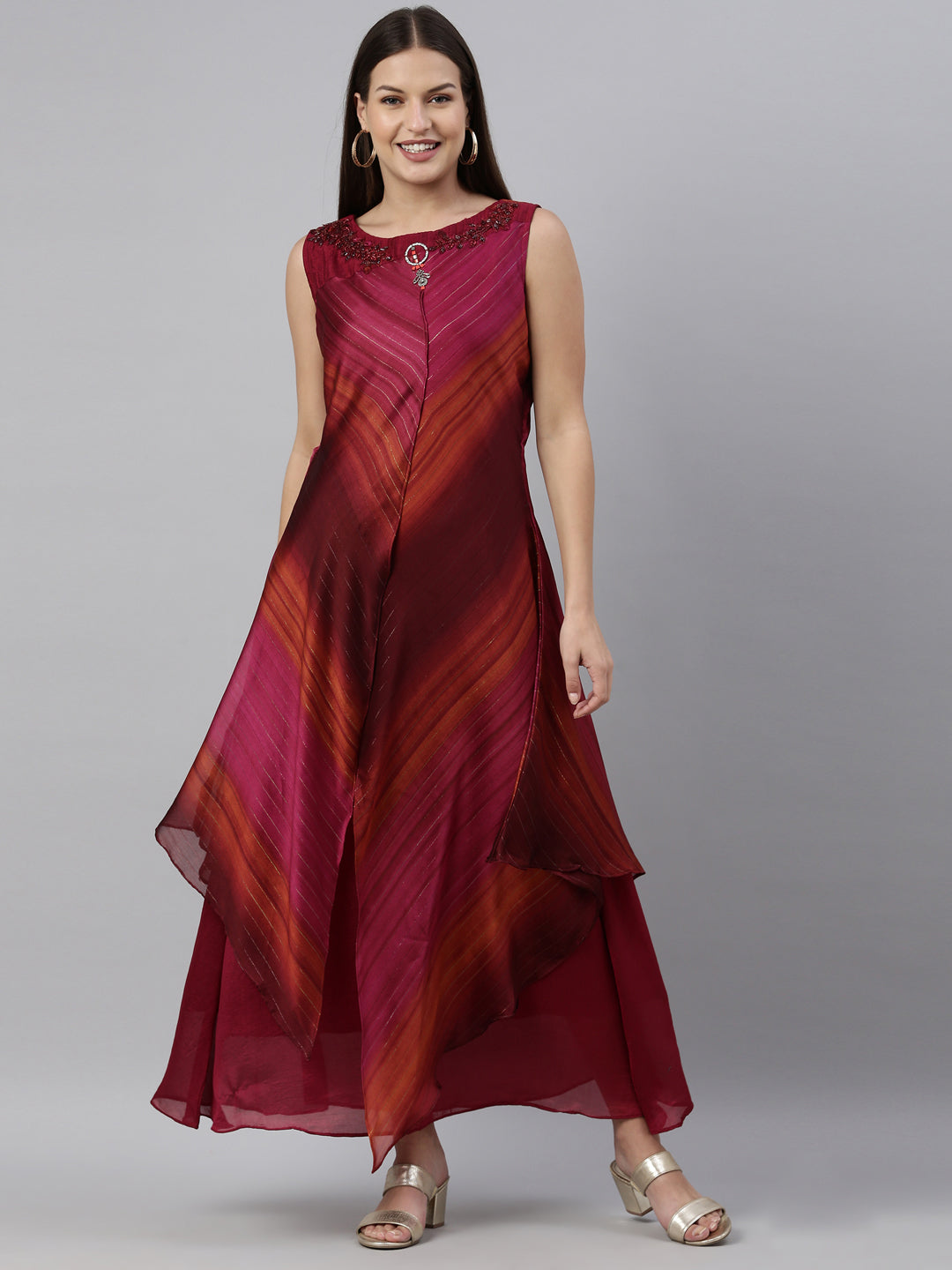 Neerus Pink silk straight kurti - front view