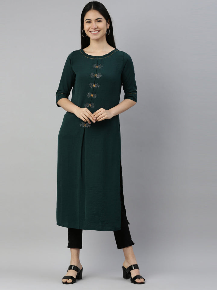 Neerus Green crepe printed kurti - front view